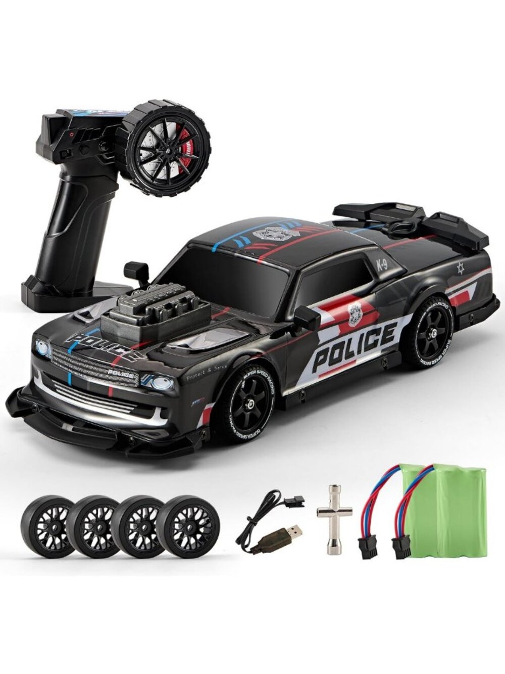 1:16 Scale Remote Control Police Drift Car with LED Lights & Rechargeable